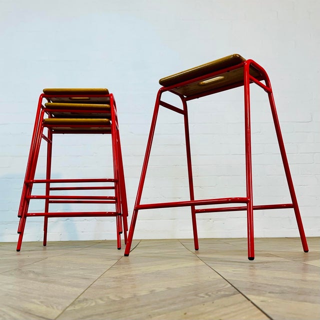 Vintage Red Metal and Oak Lab Stools by David Irwin, 1990s, Set of 10 For Sale - Image 16 of 17
