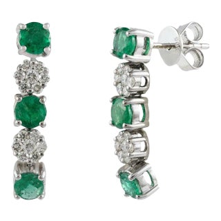 1.29 Carat Brilliant Cut Emerald & Diamond Cluster Dangle Earrings in 14k Gold- 2 Pieces For Sale