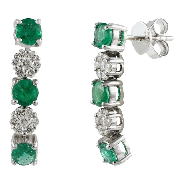 1.29 Carat Brilliant Cut Emerald & Diamond Cluster Dangle Earrings in 14k Gold- 2 Pieces For Sale