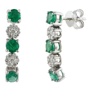 1.29 Carat Brilliant Cut Emerald & Diamond Cluster Dangle Earrings in 14k Gold- 2 Pieces