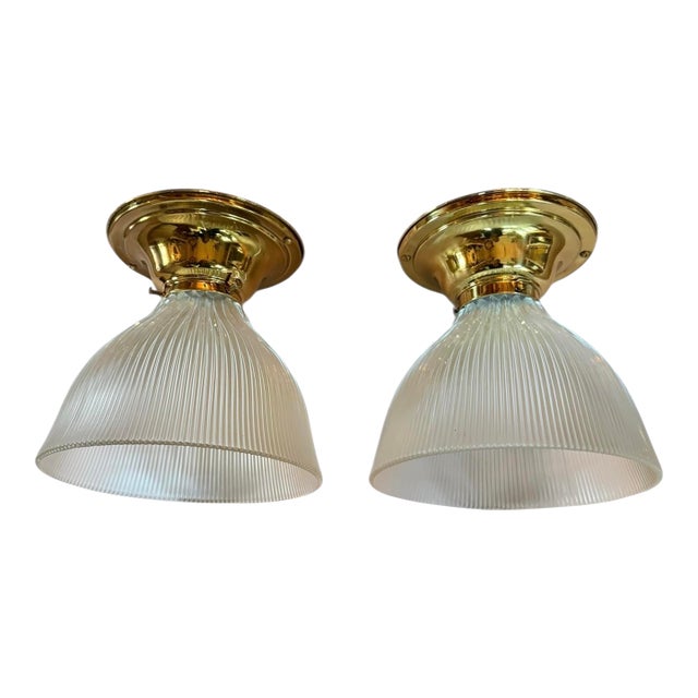 Vintage Pair of Polished and Laquered Flat Bottom Halophane Flushmounts For Sale