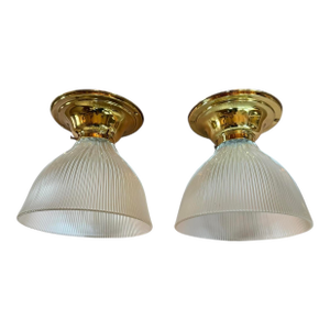 Vintage Pair of Polished and Laquered Flat Bottom Halophane Flushmounts