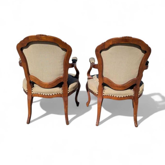 Brown Pair of Early 20th Century Louis XV-Style Carved Wood Armchairs With Tapestry Upholstery For Sale - Image 8 of 14