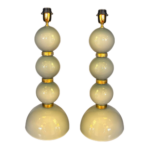 Elegant Pair of Murano Glass & Brass Table Lamps – Gray Spheres With 24k Gold, Murano