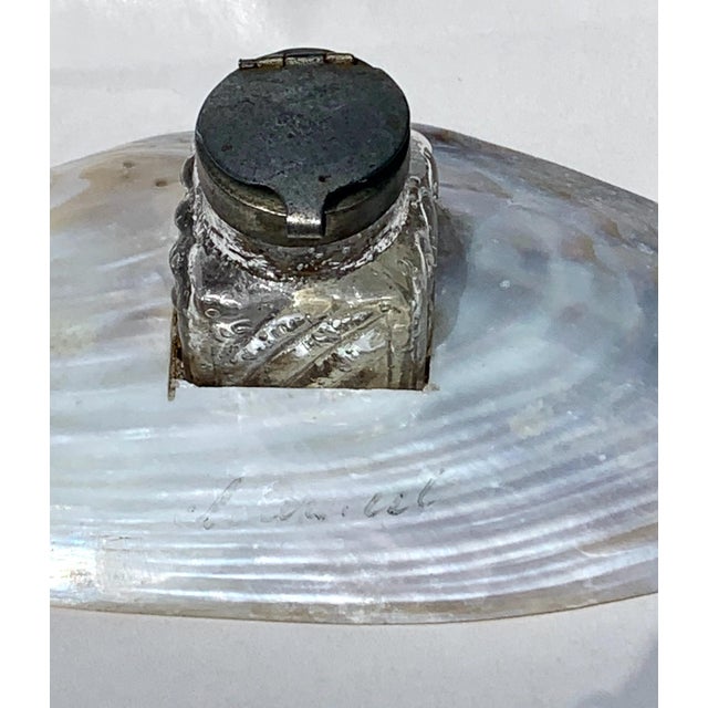 Vintage Mother of Pearl French Shell Souvenir Inkwell, with a clear swirled/bubble art glass well (in the style of biot)....