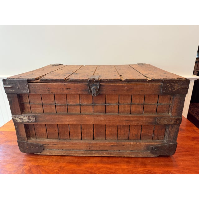 Wood Antique First National Stores Wooden Shipping Crate With Lid – Wire Reinforced Grocery Transport Basket – Coffee Table Storage Chest For Sale - Image 7 of 18