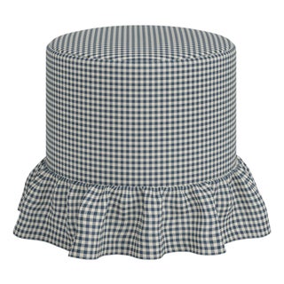 Stoffer Home x Cloth & Company Bernadette Ruffle Drum Ottoman in Denim Blue Mini Gingham For Sale