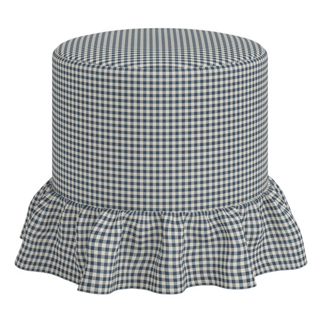 Stoffer Home x Cloth & Company Bernadette Ruffle Drum Ottoman in Denim Blue Mini Gingham For Sale