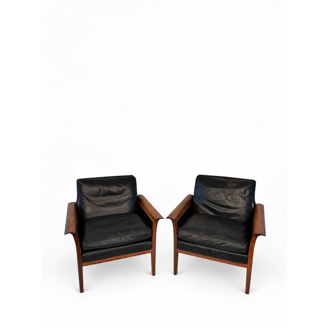 Wood 1960s Attributed to Hans Olson Rosewood and Black Leather Lounge Chairs - Pair For Sale - Image 7 of 11