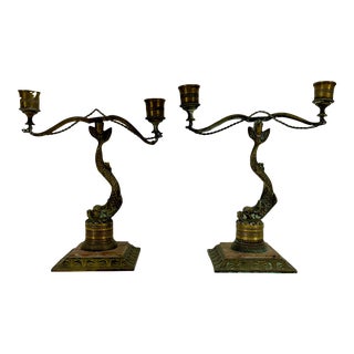 Pair of Late 19th Century Italian Marble and Brass Candlesticks For Sale