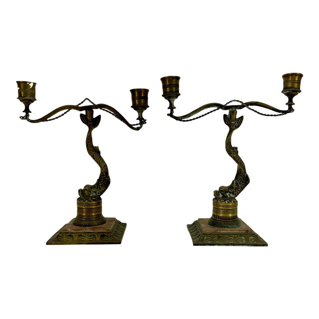 Pair of Late 19th Century Italian Marble and Brass Candlesticks For Sale