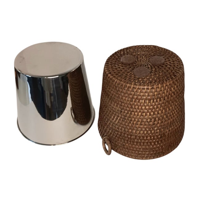 Vintage Wicker Rattan Ice Champagne Wine Bucket With Metal Liner Insert Brown Woven Reed 7" X 8" For Sale - Image 10 of 18