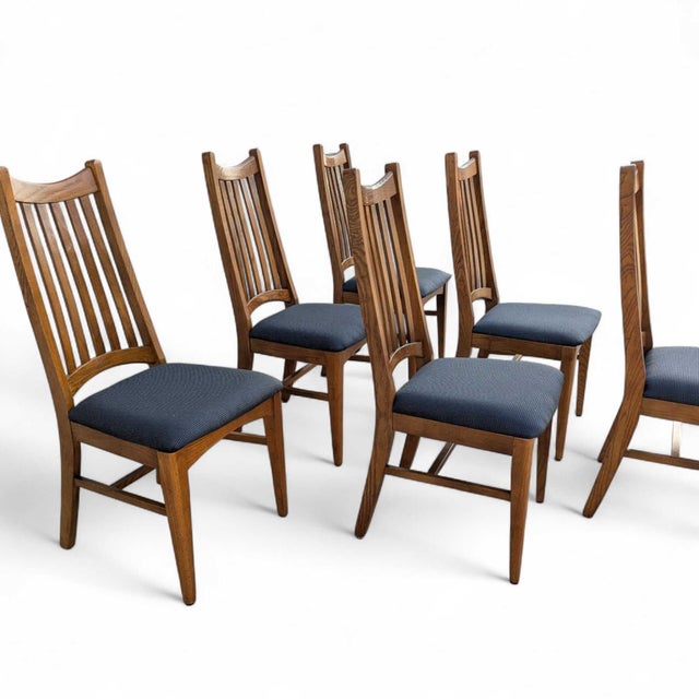 Set of Six Restored Mid-Century Oak Slat-Back Dining Chairs, Walnut For Sale - Image 9 of 18