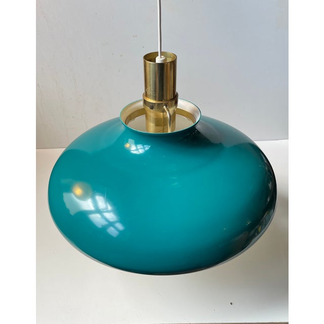 Lyfa Danish Modern Brass Pendant Lamp with Green Shade from Lyfa, 1960s For Sale - Image 4 of 10