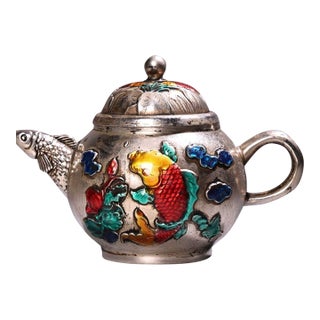 Late 19th Century Asian Silver-Plated Enamel Teapot With Fish Motif For Sale