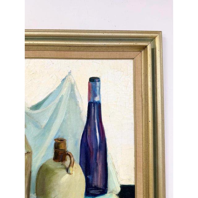 Vintage Original Oil Painting Still Life Bottles Jugs, Framed Art, Canvas, Blue For Sale - Image 9 of 11