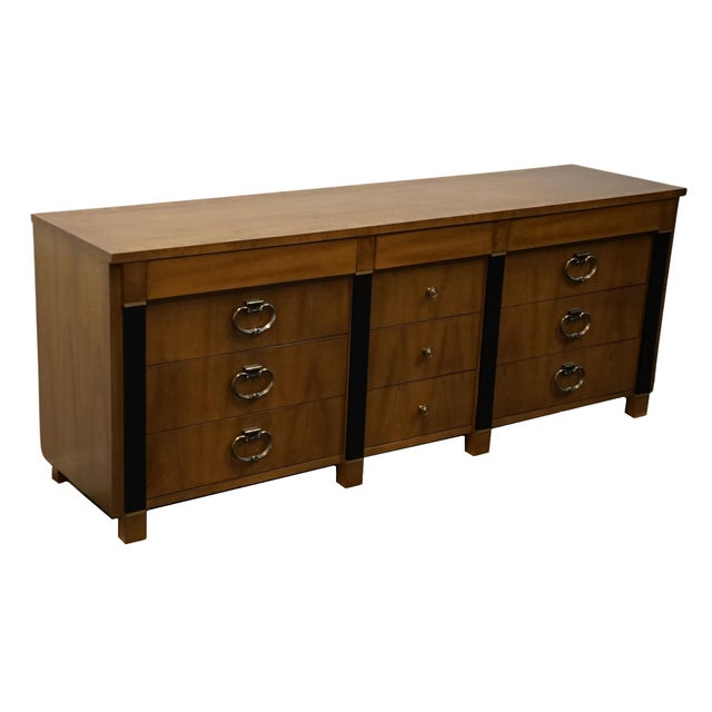 English American of Martinsville Banded Walnut British Imperial 80" Triple Dresser 6106-2 For Sale - Image 3 of 12