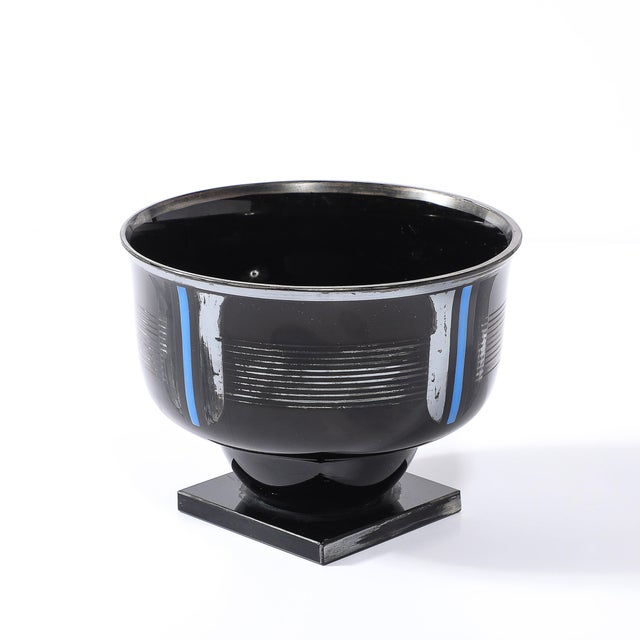 Art Deco Silvered Black Glass Linear Detailed Bowl Signed Hem by Michel Herman For Sale - Image 12 of 15