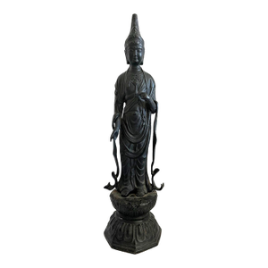 Late 19th Century Antique Chinese Black Cast Iron Bodhisattva Statue on Lotus Base 20 1/2” Tall