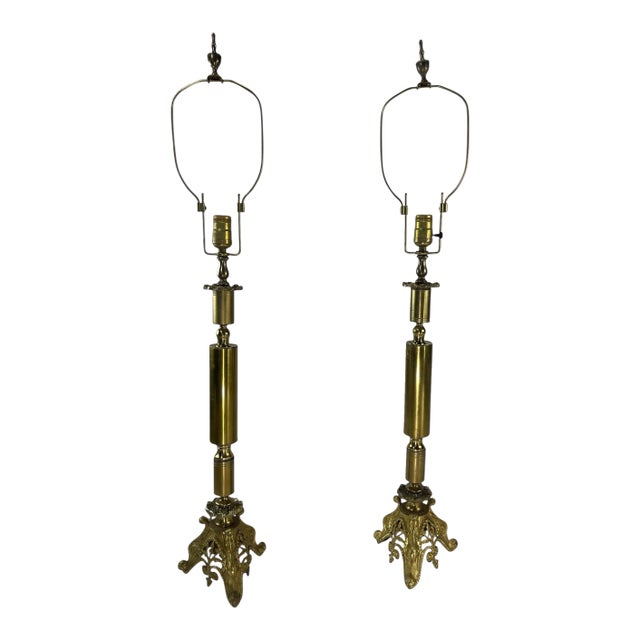 1960s Vintage Sculptural Brass Neoclassical Revival Table Lamps - a Pair For Sale