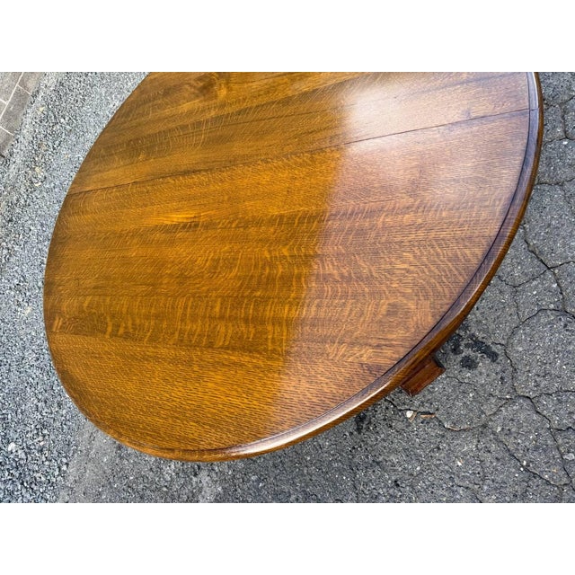 Antique Hand Carved Tiger Oak Pedestal Base Dining Table. For Sale - Image 9 of 17