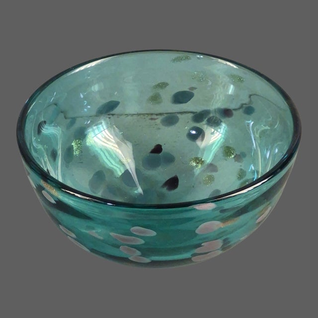 Contemporary Vintage Lenox Hand Blown Art Glass Teal Retro Fleck Splatter Bowl For Sale - Image 3 of 7