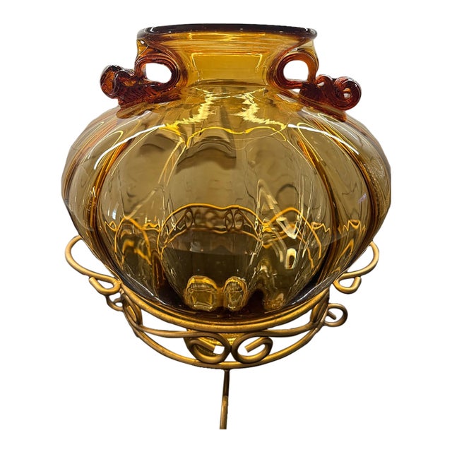 Vintage Amber Hand Blown Glass Vase With Stand For Sale