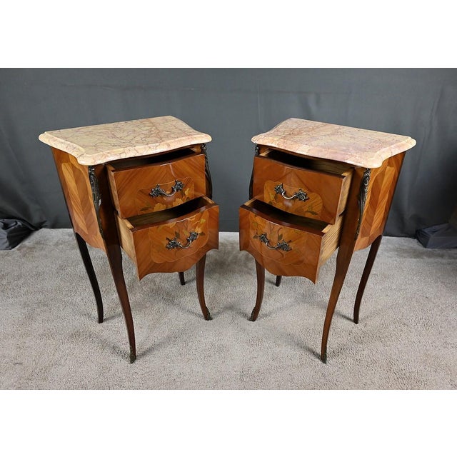 Louis XV Style Marquetry Bedside Tables, Late 20th Century, Set of 2 For Sale - Image 3 of 18