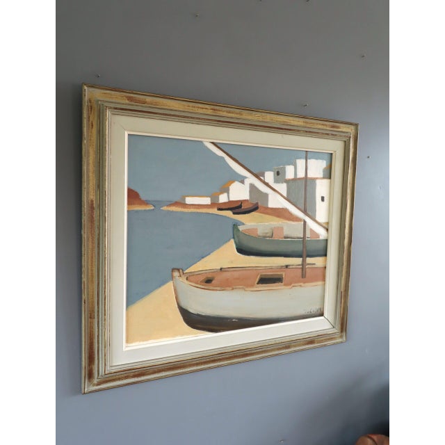 1958 Mid-Century Modern 'Quiet Mooring' Vintage Swedish Coastal Landscape Oil Painting, Framed For Sale - Image 4 of 12