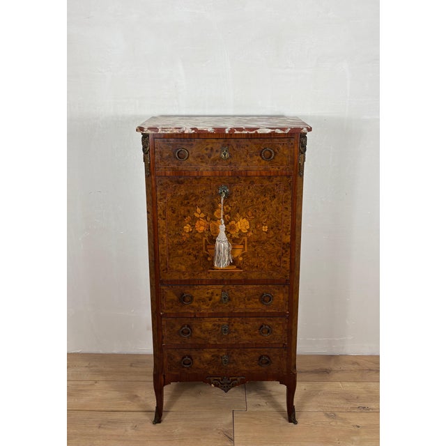 French Louis XVI Style Burl Wood Secretary Chest with Marble Top, 1930s For Sale - Image 11 of 15