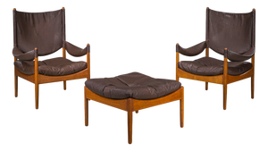 Mid-Century Modern Danish Oak and Leather Lounge Chairs with Ottoman by Kristian Vedel for Søren Wiladsen, 1960s, Set of 3