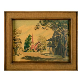 "Sunday Service", Mid-Cent Figurative Village Scene With Church, Frank Serratoni For Sale