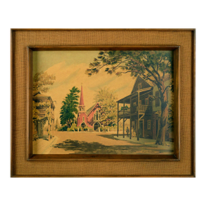 "Sunday Service", Mid-Cent Figurative Village Scene With Church, Frank Serratoni