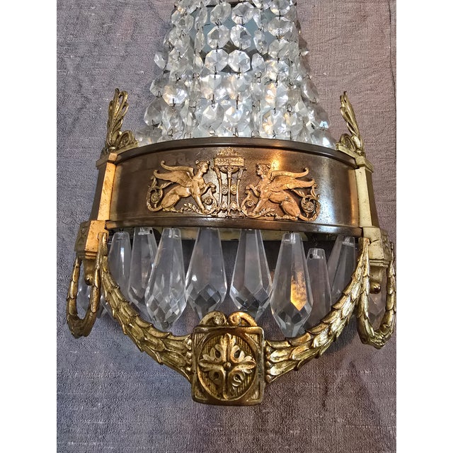 Antique French Empire Bronze Crystal Sconces - a Pair For Sale - Image 4 of 10