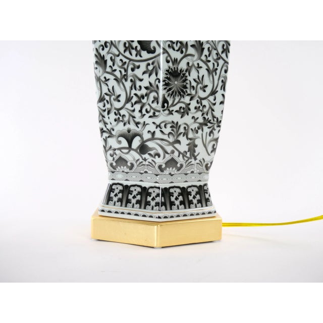 Antique White Large Pair Glazed Tapestry Porcelain / Gilt Base Table Lamps For Sale - Image 8 of 13