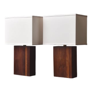 Vintage Rectangular Teak Block Lamps With Inlaid Contrast Stripes, a Pair, Circa 1960s-70s For Sale