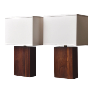 Vintage Rectangular Teak Block Lamps With Inlaid Contrast Stripes, a Pair, Circa 1960s-70s