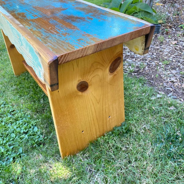 Rustic Handcrafted Primitive Pine Wood Bench Made by Local Folk Artist With Antique Wood For Sale - Image 3 of 8