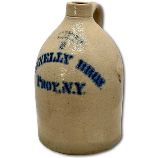 Antique American Blue Decorated 2 Gallon Stoneware Advertising Jug by West Troy Pottery Co. New York Circa 1880s For Sale - Image 9 of 18
