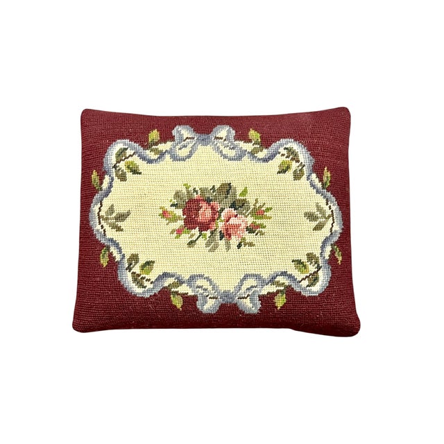 Vintage Burgundy Floral Needlepoint Footstool With Turned Pine Legs For Sale - Image 9 of 13