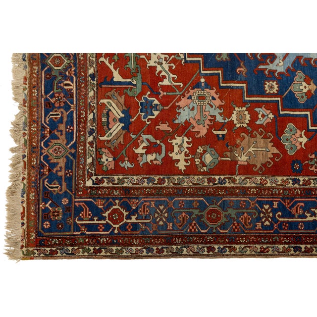 Red Antique Persian Serapi Handmade Wool Rug Featuring a Medallion Design For Sale - Image 4 of 11