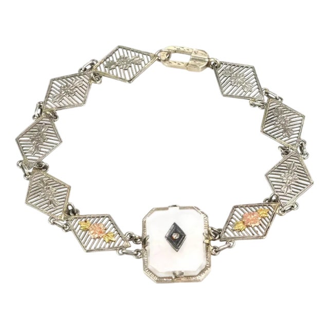 Diamond Camphor Glass 14k Rose White Yellow Gold Link Bracelet For Sale
