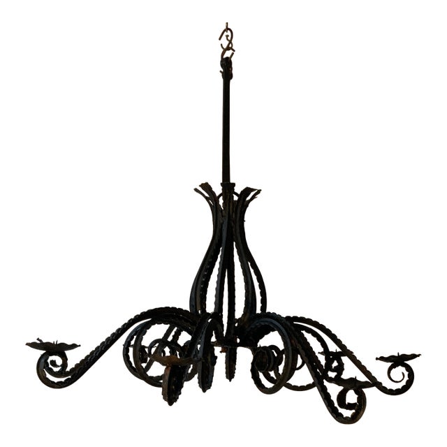 1920s Rustic Rococo Style Wrought Iron Chandlier. For Sale