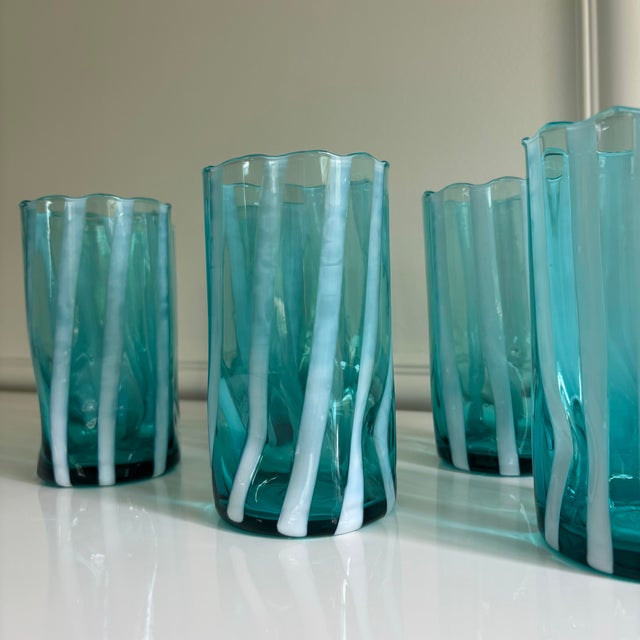 2020s Riviera Blue Striped Italian Murano Glass Tumbler Glasses With Scalloped Rim Set of 6 For Sale - Image 5 of 10