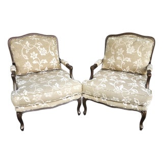 Vintage French Louis XV Armchairs Damask Linen Pair For Sale