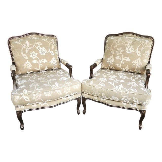 Vintage French Louis XV Armchairs Damask Linen Pair For Sale
