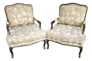 Vintage French Louis XV Armchairs Damask Linen Pair