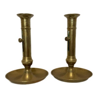 Pair of Brass "Chamberstick" Candle Holders - Likely Antique For Sale