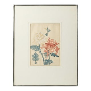 Vintage Signed Monogram Botanical Woodblock Print Chrysanthemums Metal Frame 14x11 For Sale