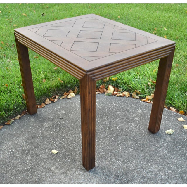 Henredon Oak Square Table Parquet Top Reeded Parsons Legs Mid Century End For Sale - Image 11 of 14